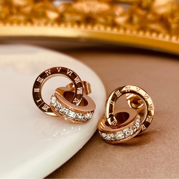Luzy Jewelry Jewelry - 18K Rose Gold Titanium Steel Roman Numerals Circle CZ Stud Earrings